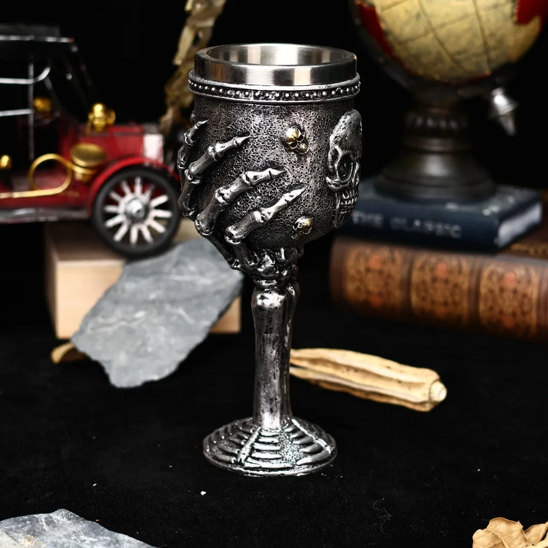 Silver Skull Goblet Stainless Steel Insert 3D Retro Gothic Fantasy Skeleton Wine Glass Halloween Beer Mug and Cup Halloween Gift